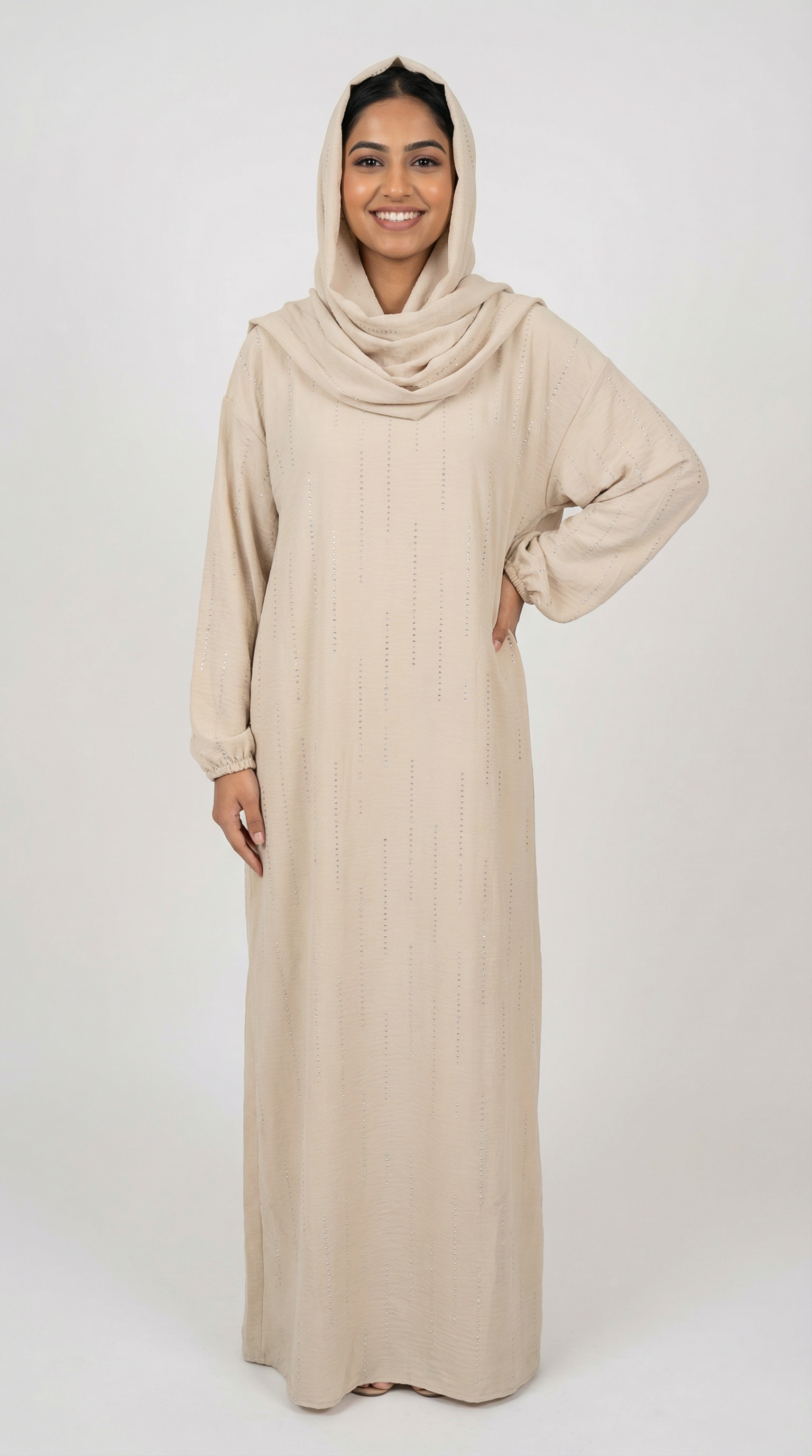 Beige Full-Length Hijab Dress With Attached Head Scarf