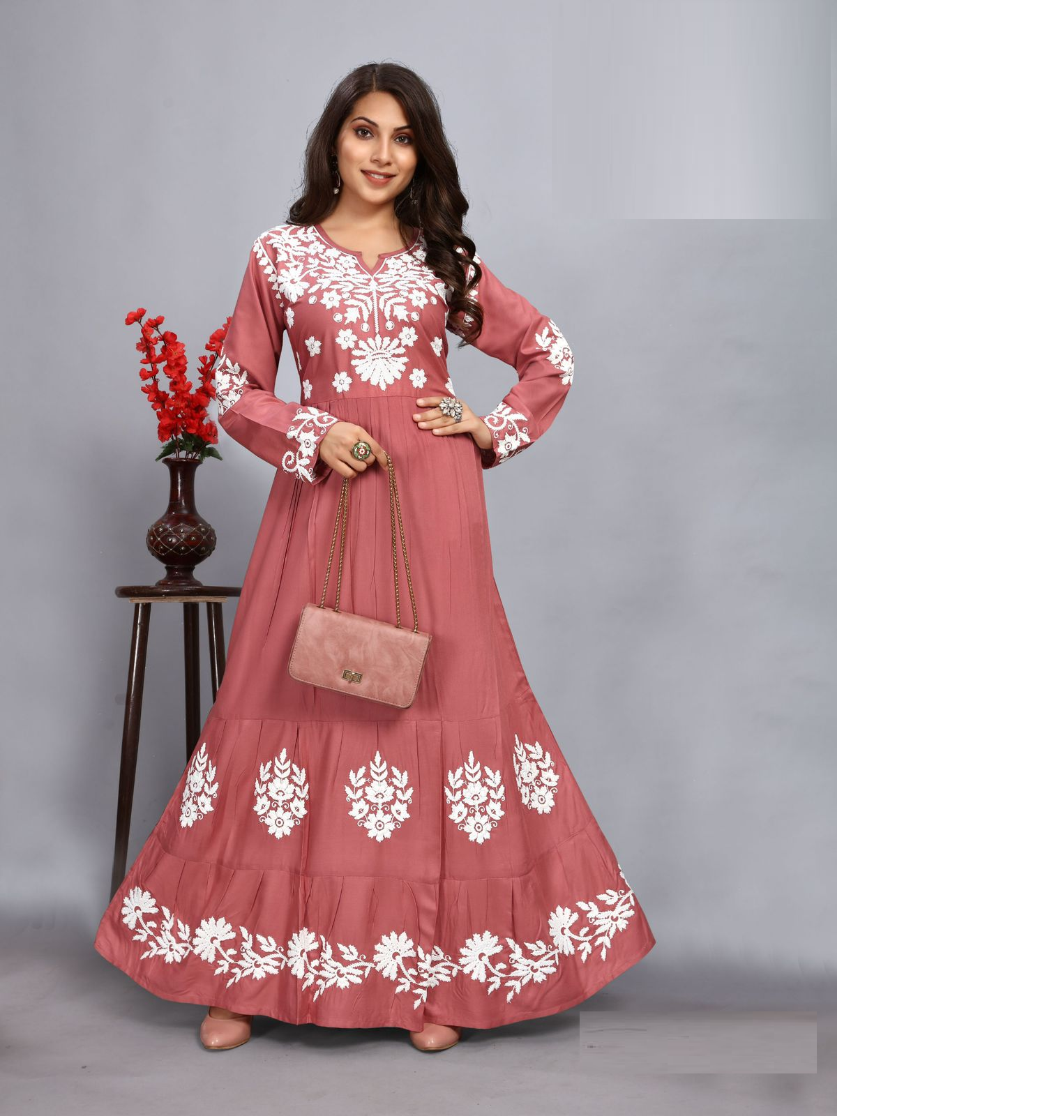 Rust  Rayon Bias Cut Thread Work Dress