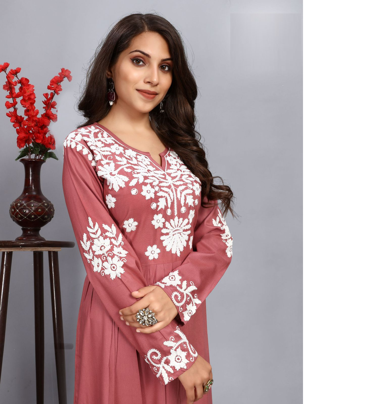 Rust  Rayon Bias Cut Thread Work Dress