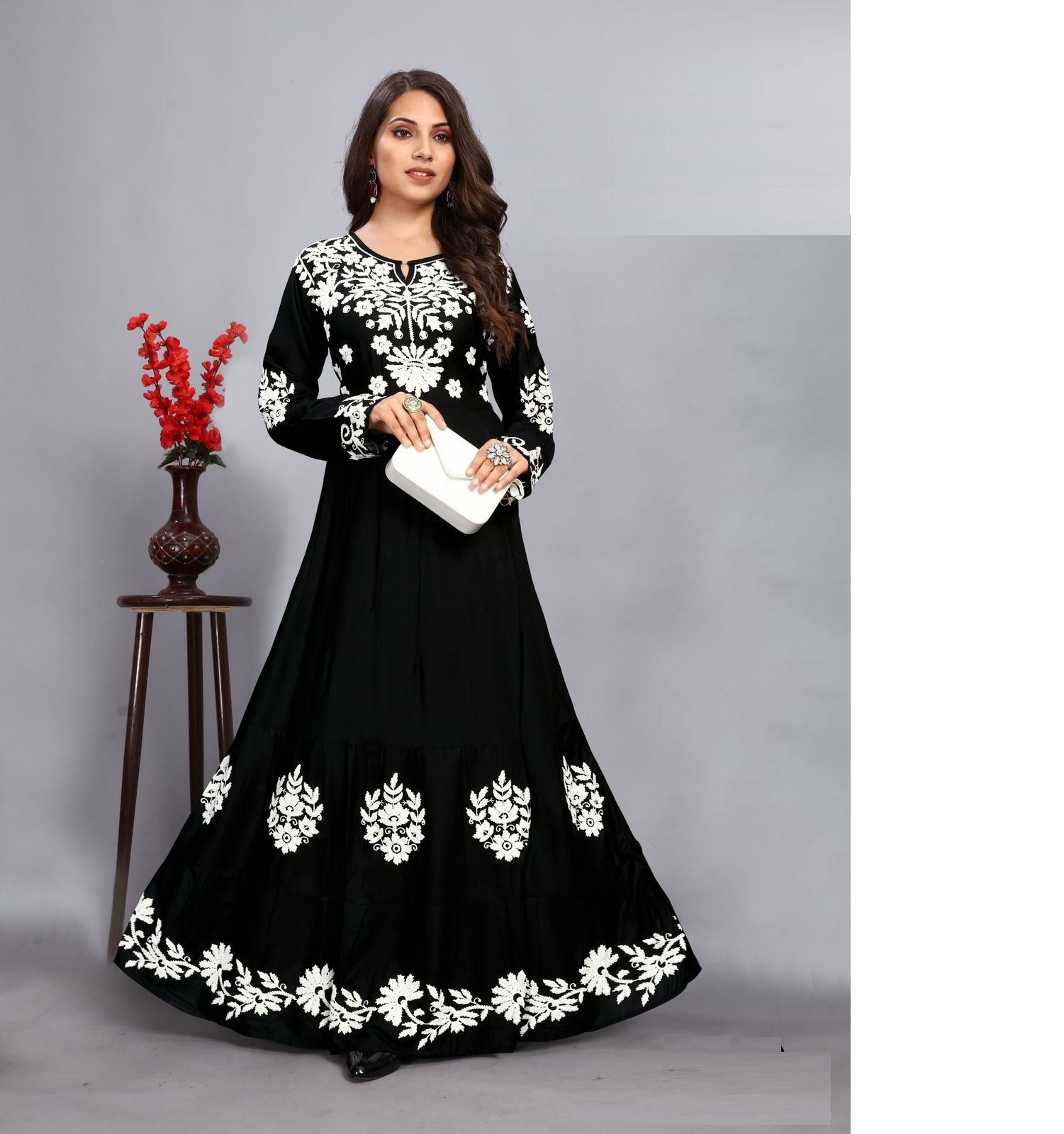 Black Rayon Bias Cut Thread Work Dress