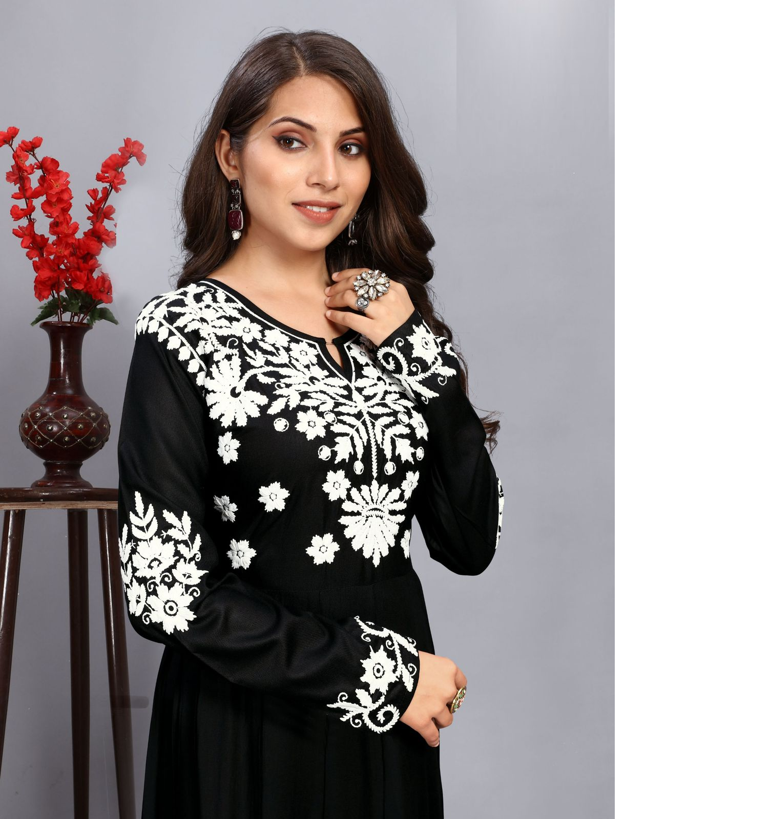 Black Rayon Bias Cut Thread Work Dress