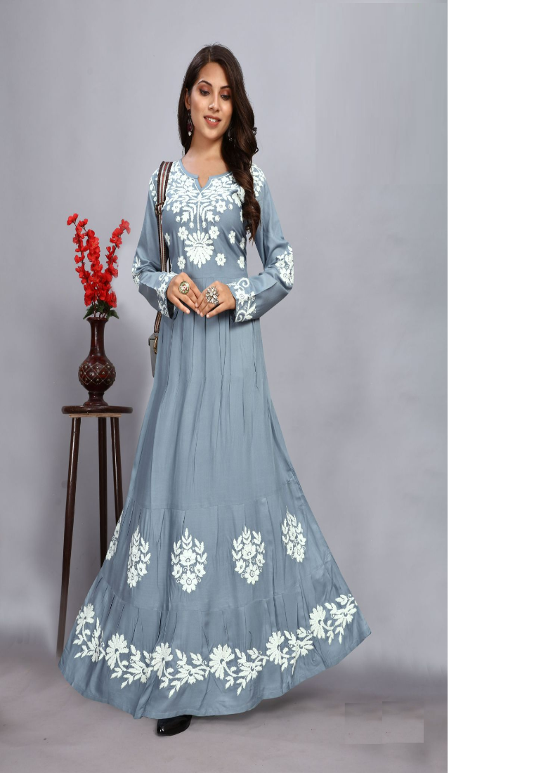 Grey Rayon Bias Cut Thread Work Dress