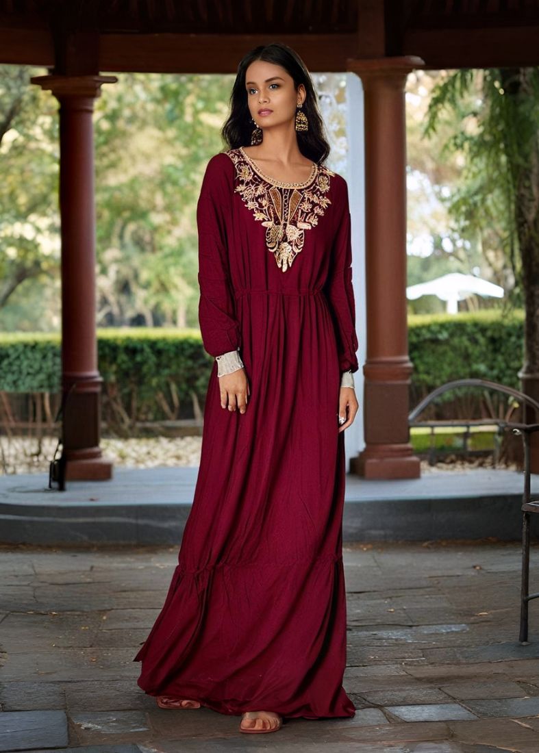 Maroon Maxi Dress Embroidered Neckline