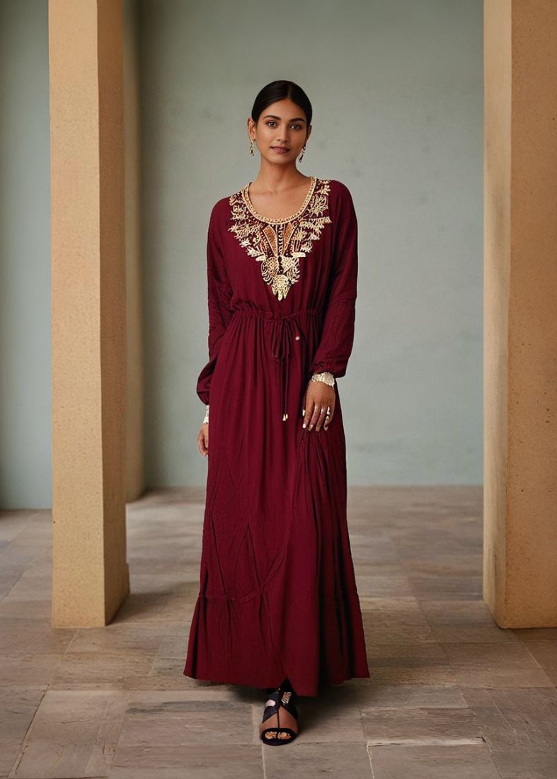 Maroon Maxi Dress Embroidered Neckline
