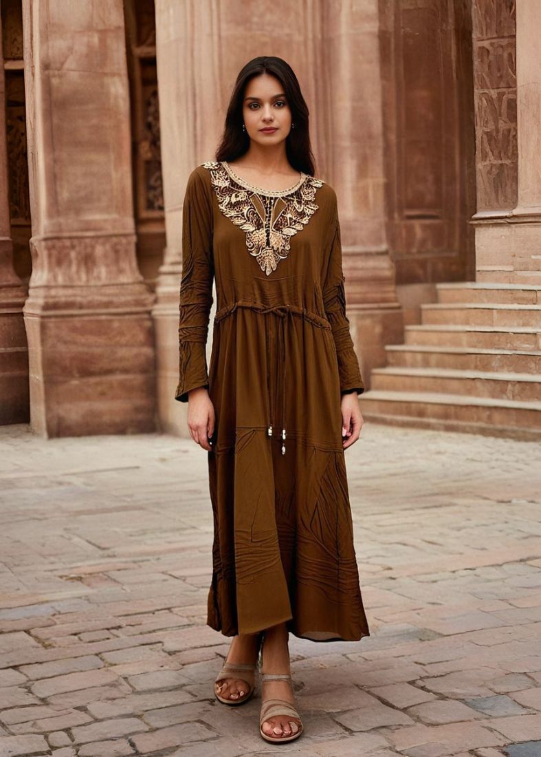 Brown Maxi Dress Embroidered Neckline