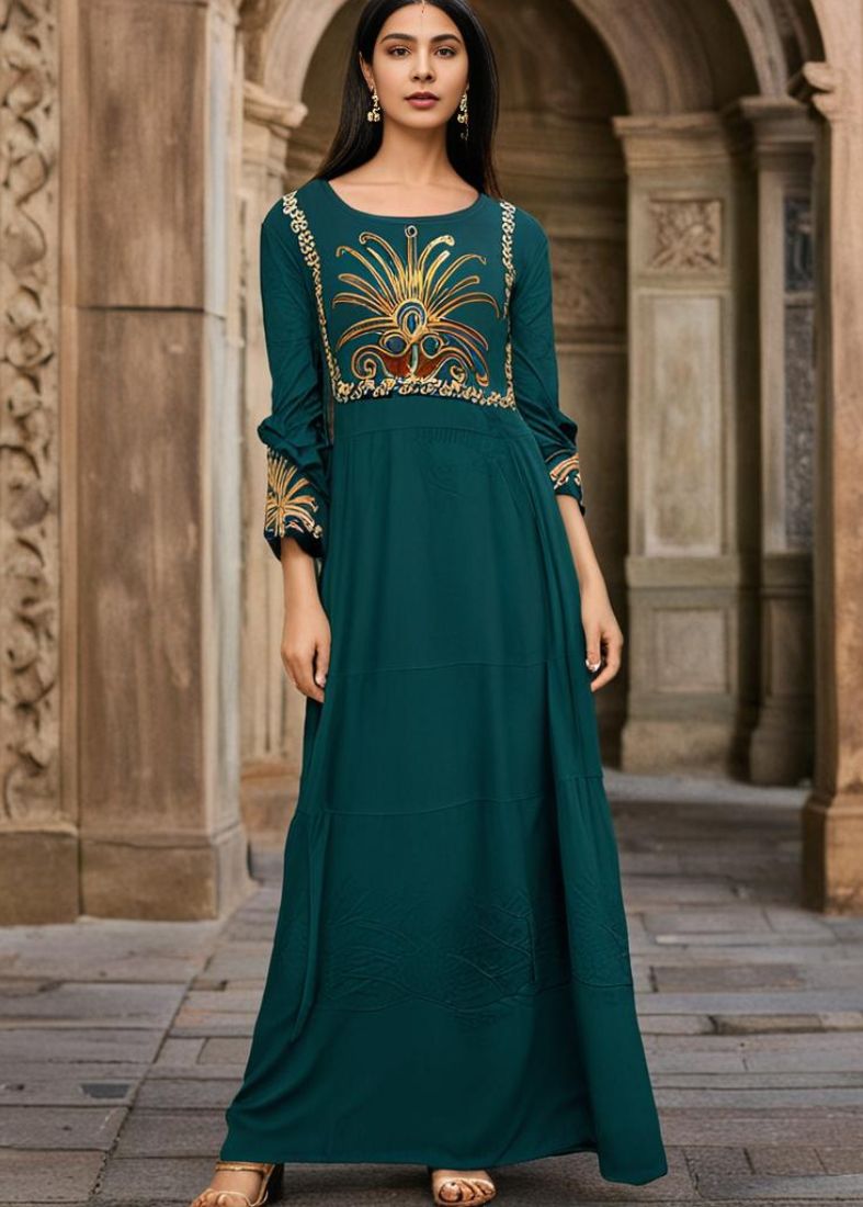 Teal Maxi Dress Embroidered Neckline