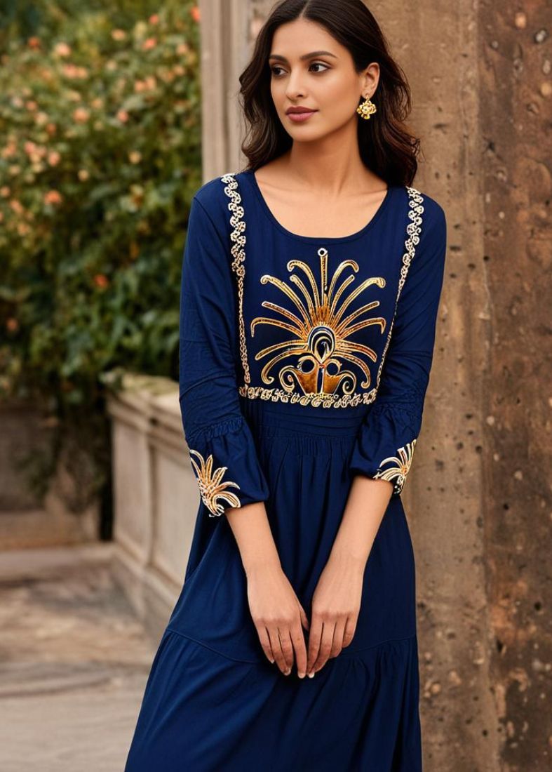 Blue Maxi Dress Embroidered Neckline