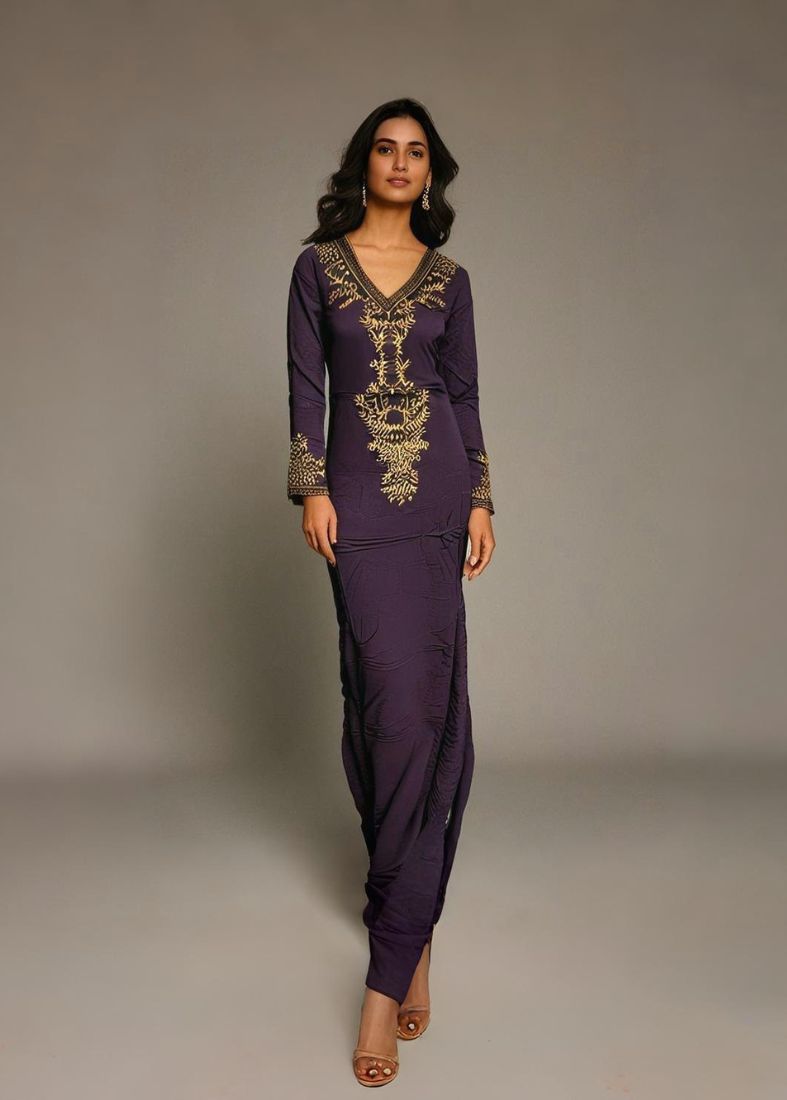 Moave Straight Maxi Dress Embroidered Neckline