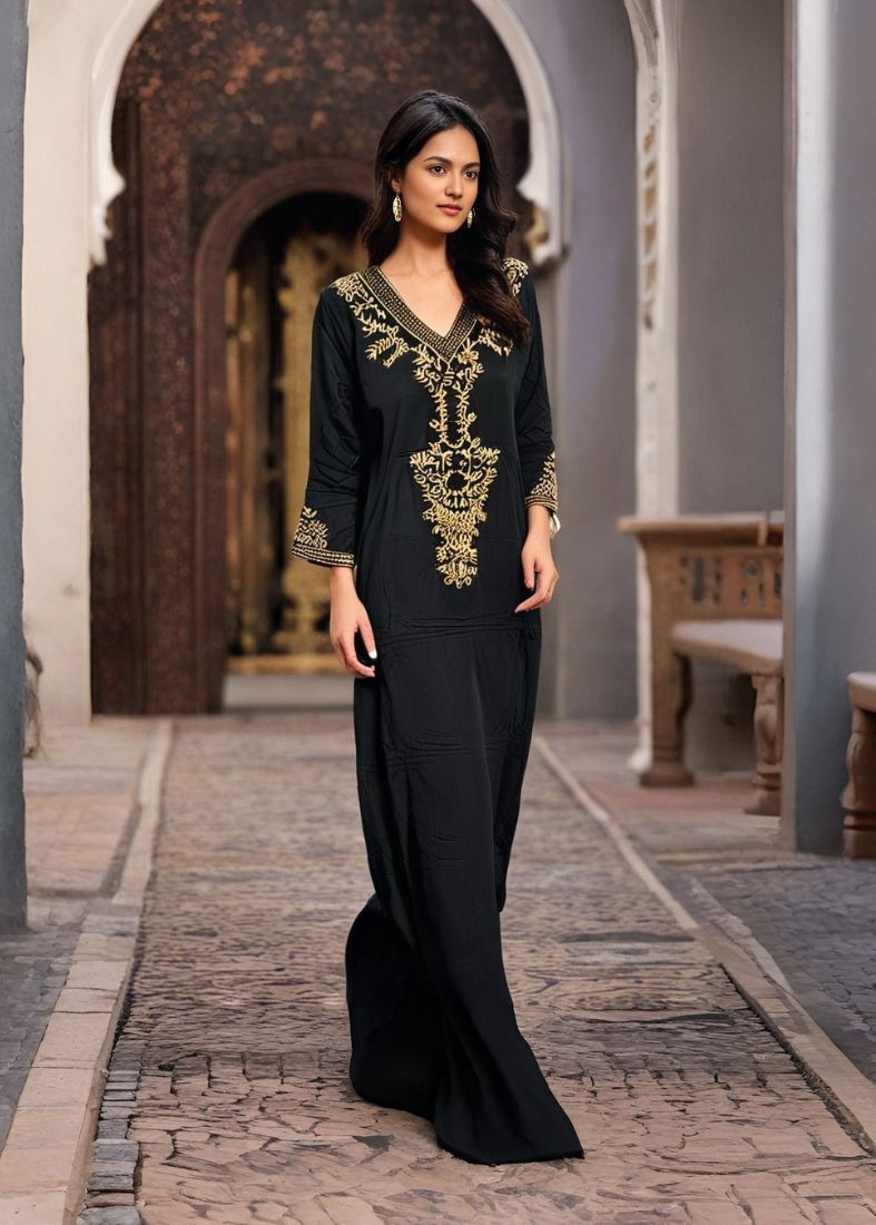 Black Straight Maxi Dress Embroidered Neckline