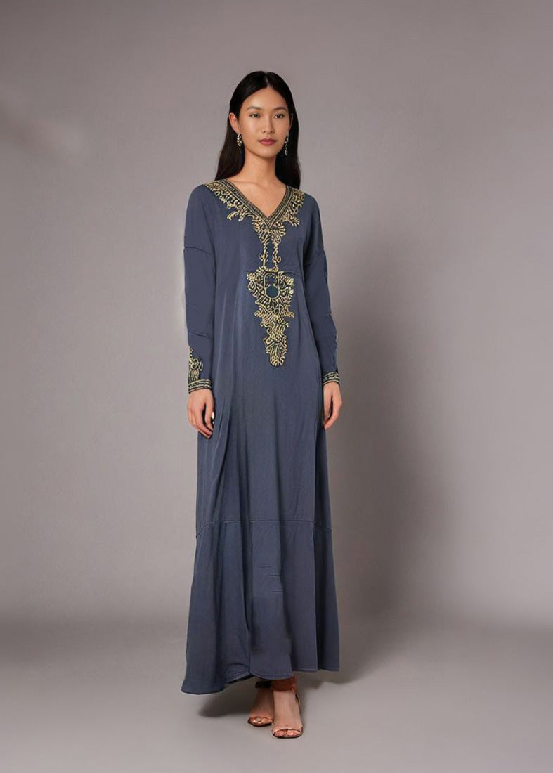 Grey Straight Maxi Dress Embroidered Neckline