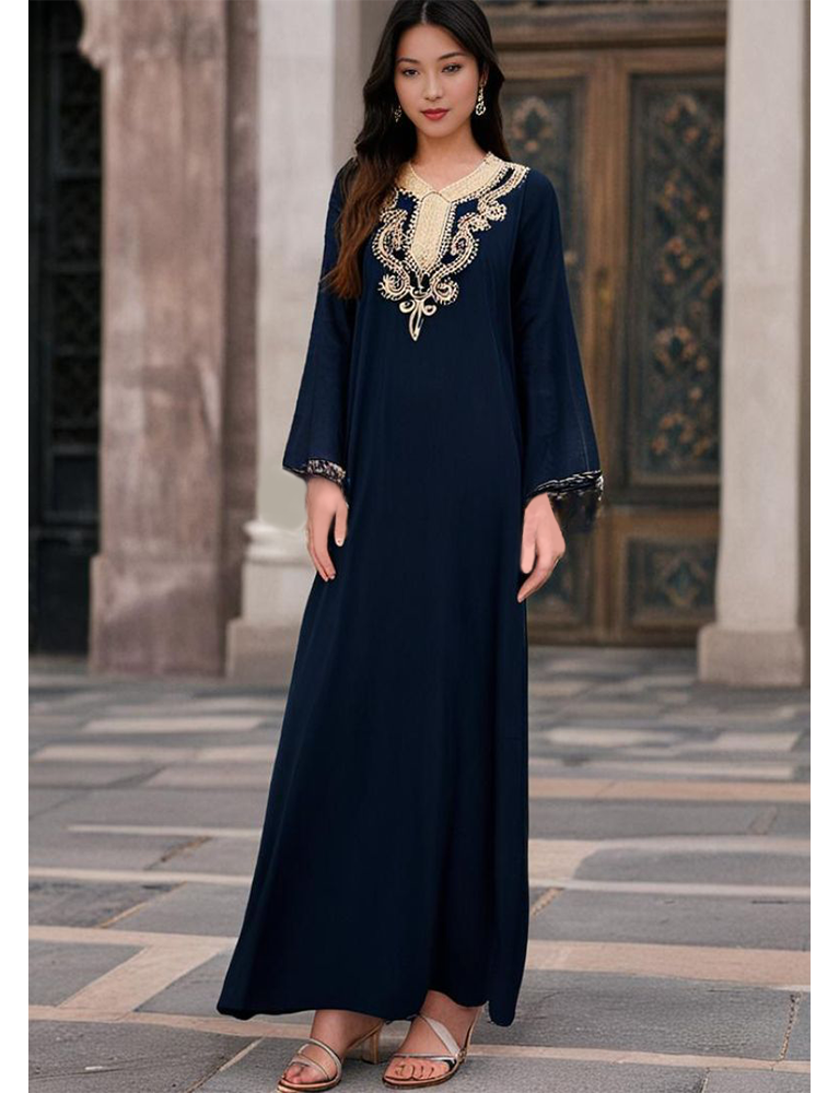 Navy Blue Cotton Maxi Dress Embroidered Neckline