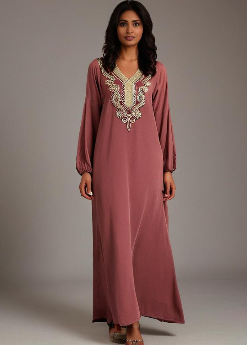 Pink  Cotton Maxi Dress Embroidered Neckline