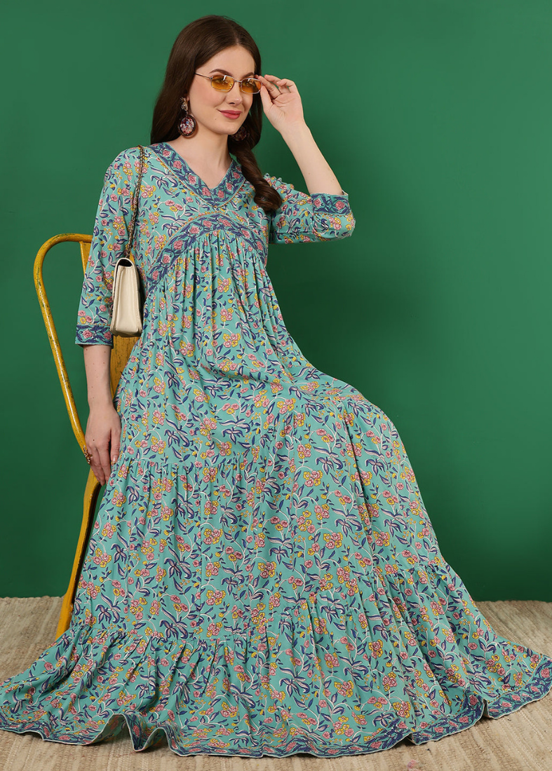 Blue Cotton Flared Printed Dress
