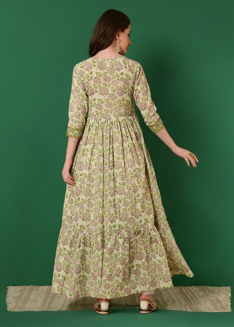 Green Cotton Bias Cut Printed Dress