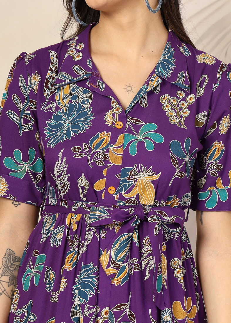 Purple Cotton Shirt Style Dress