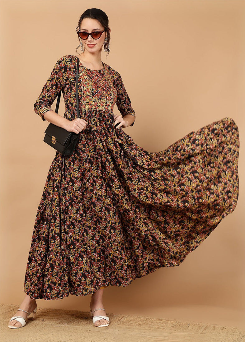 Black Cotton Printed Bias Cut Dress