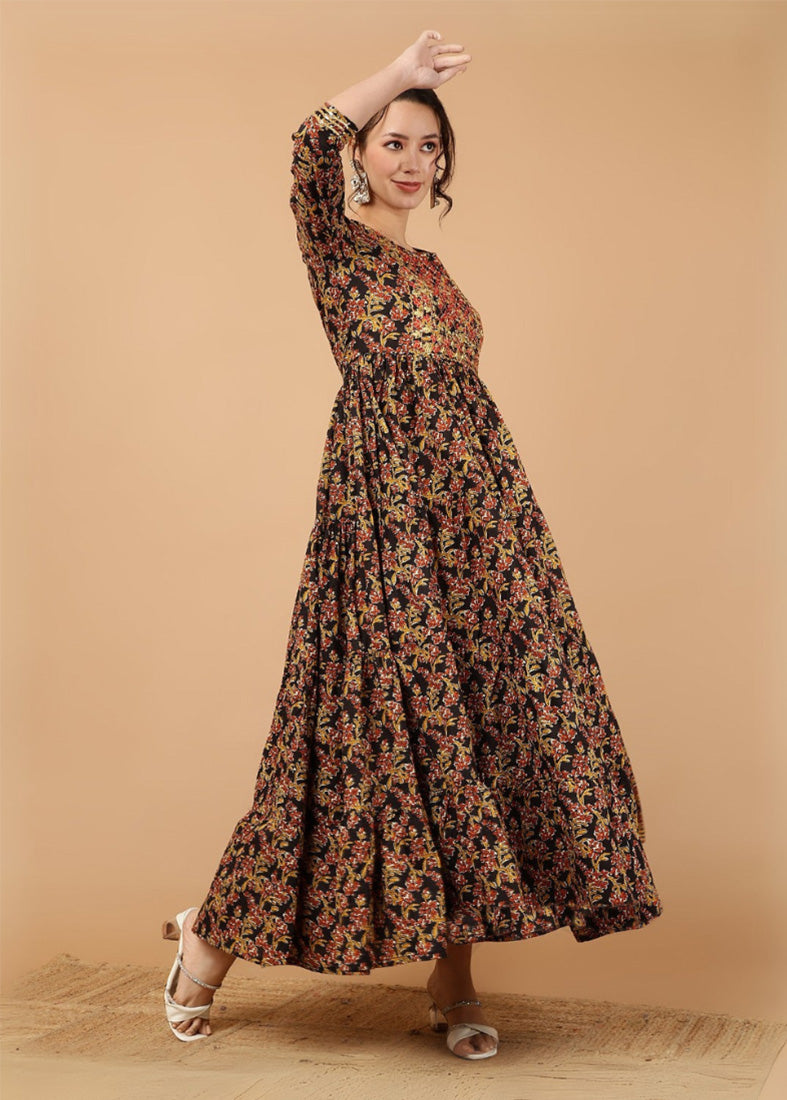 Black Cotton Printed Bias Cut Dress