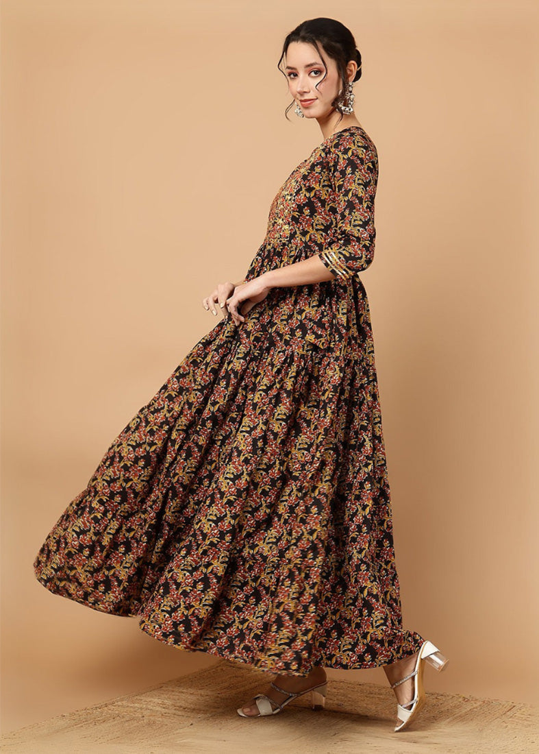 Black Cotton Printed Bias Cut Dress