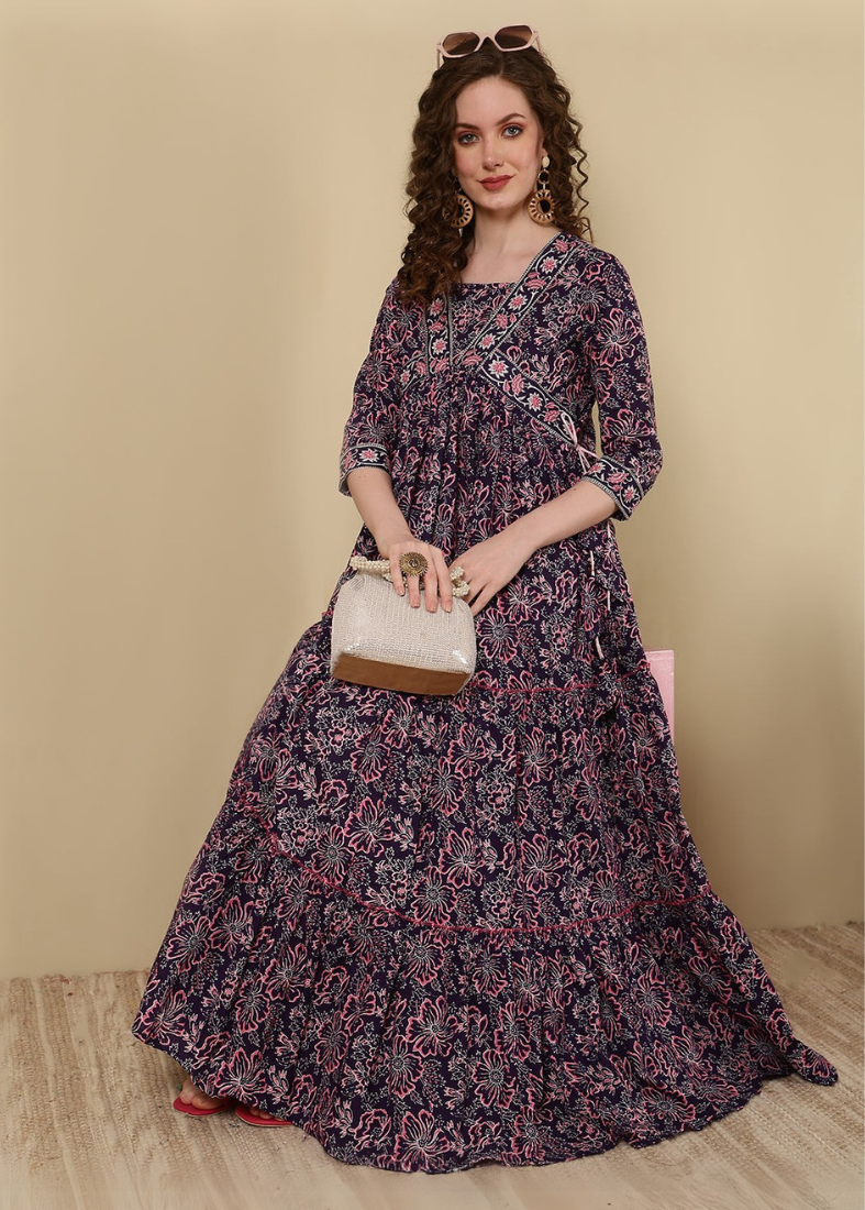 Buy Blue-Purple Cotton Printed Bias Cut Dress in UK Diya Online