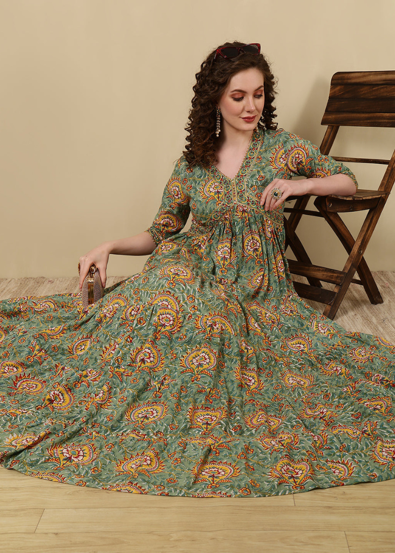 Moss Green Cotton Printed Bias Cut Dress