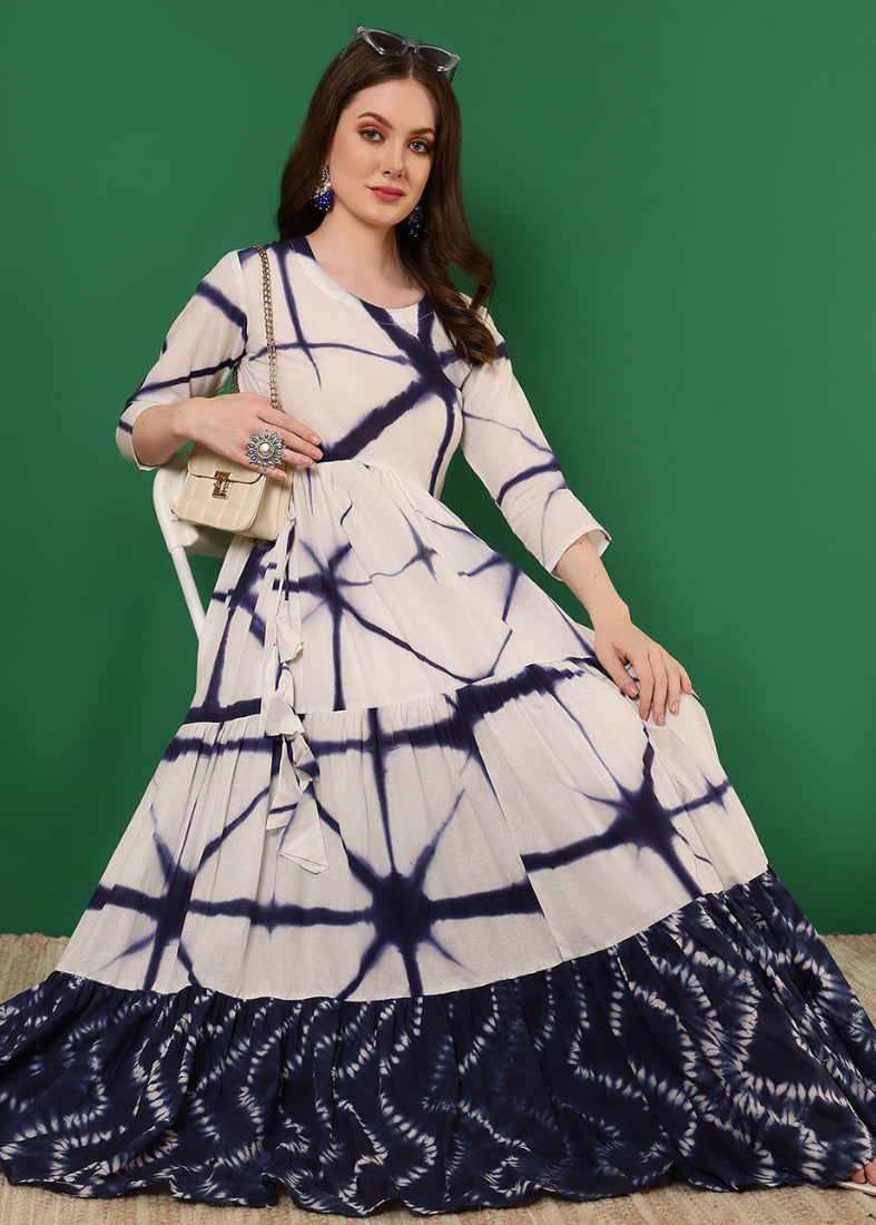 Off-White Cotton Printed Bias Cut Dress