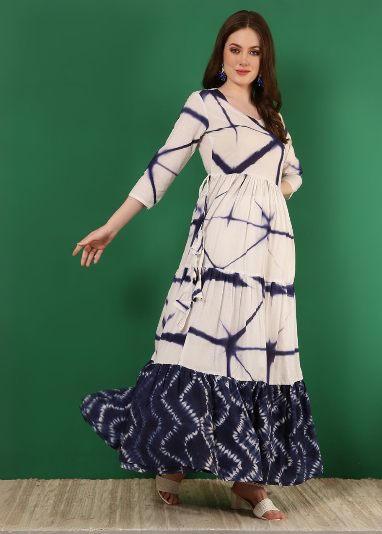 Off-White Cotton Printed Bias Cut Dress