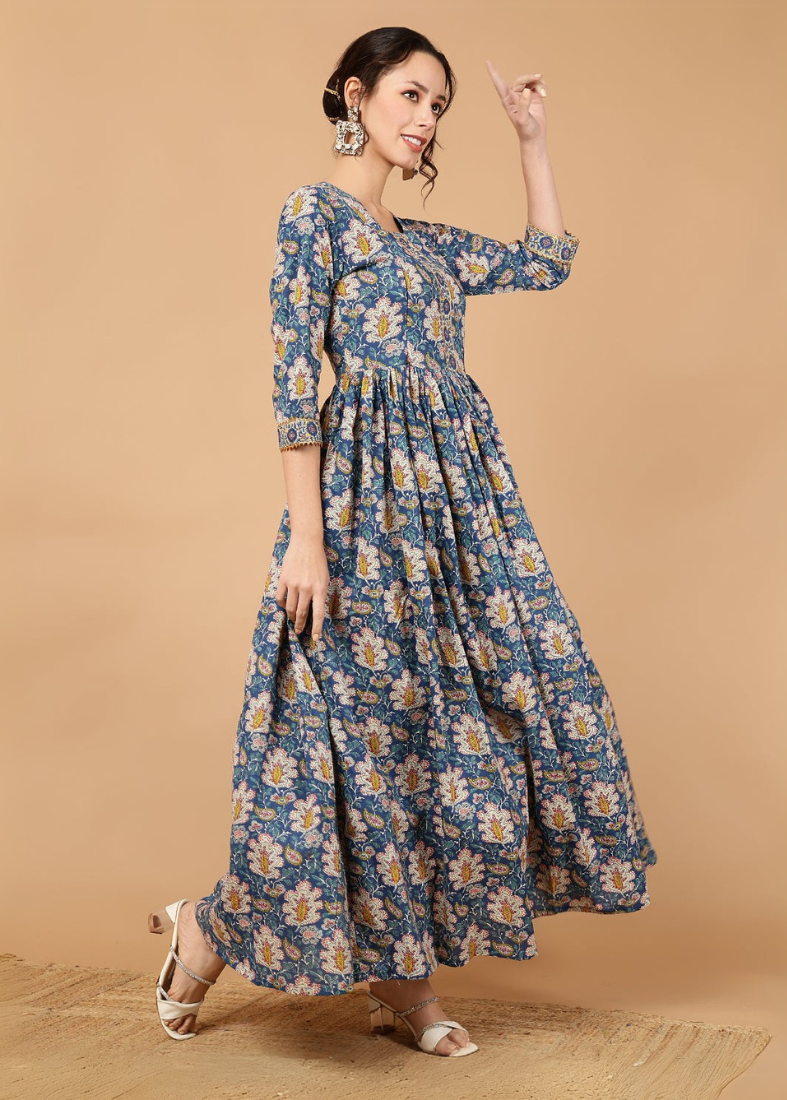 Blue Cotton Printed Bias Cut Dress