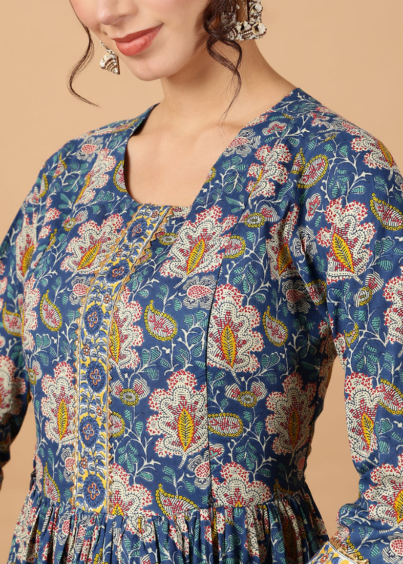 Blue Cotton Printed Bias Cut Dress