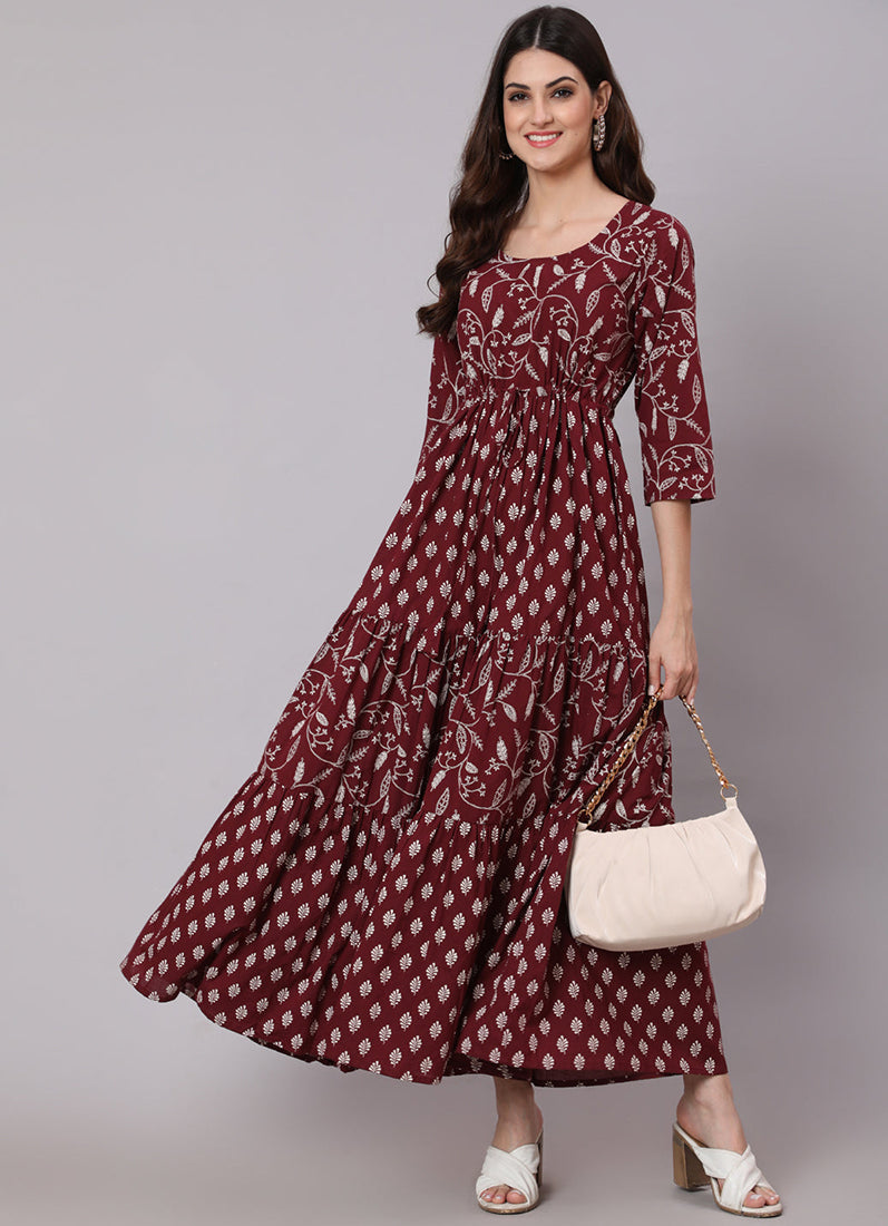 Wine Printed Bias Cut Dress