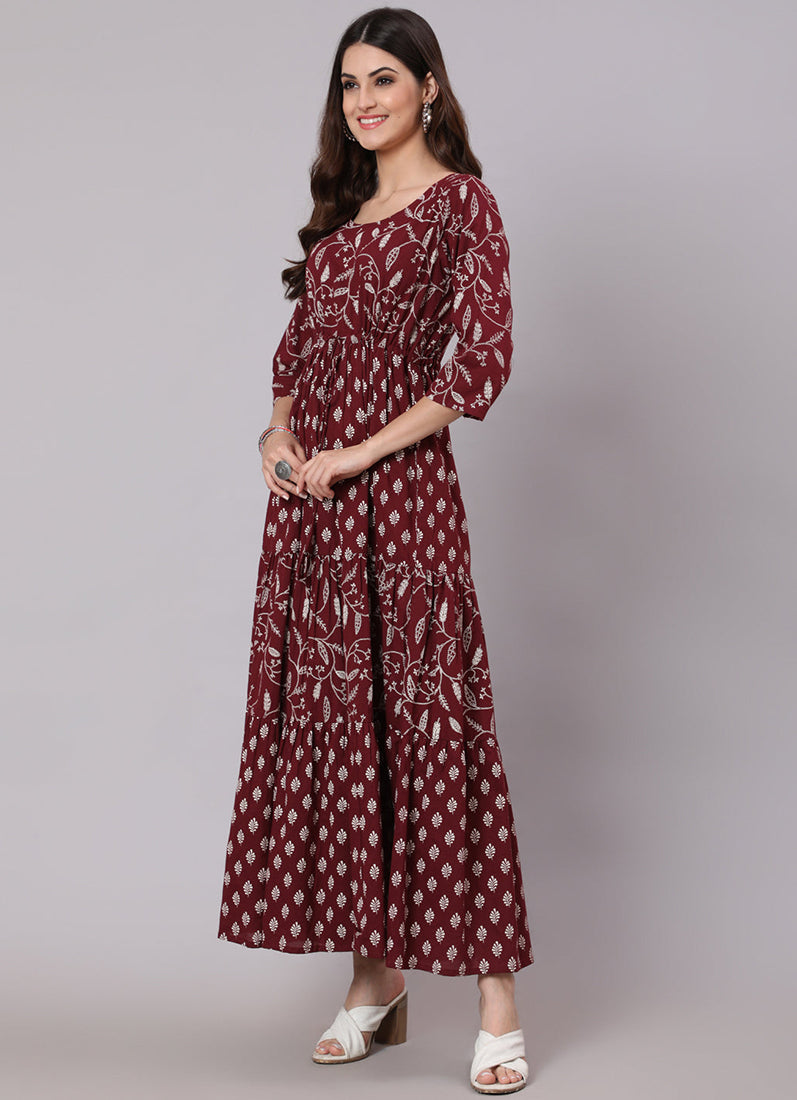Wine Printed Bias Cut Dress
