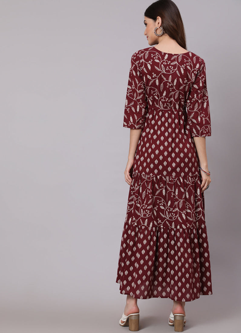 Wine Printed Bias Cut Dress