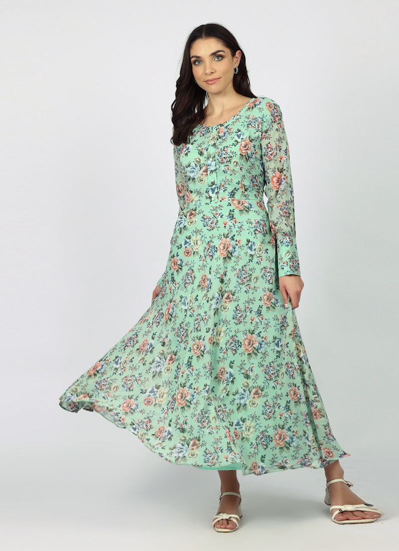 Green Georgette Bias Cut Dress