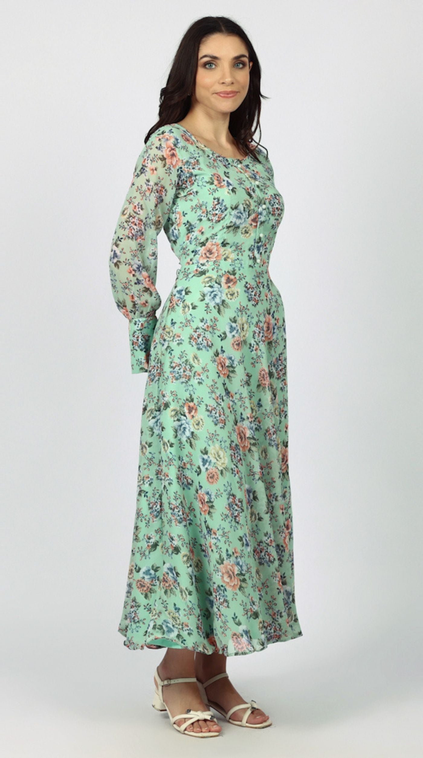 Green Georgette Bias Cut Dress