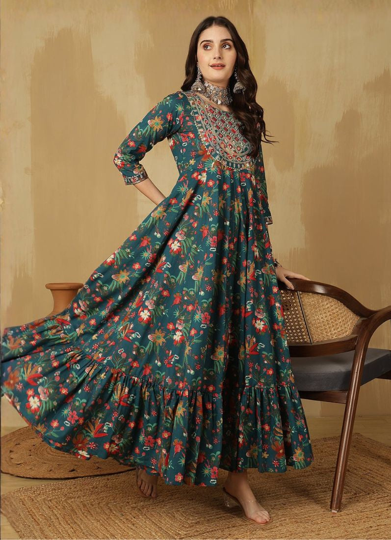 Buy Green Cotton Bias Cut Tier Dress in UK