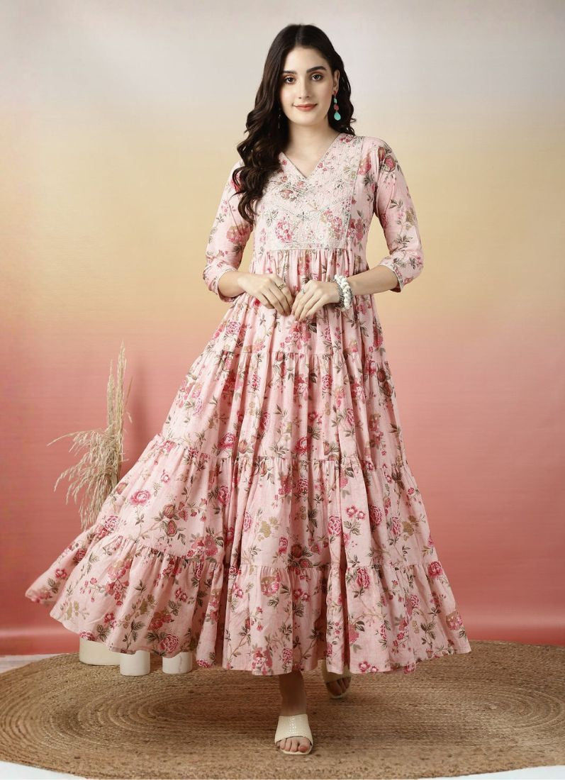 Buy Baby Pink Cotton Bias Cut Tier Dress in UK