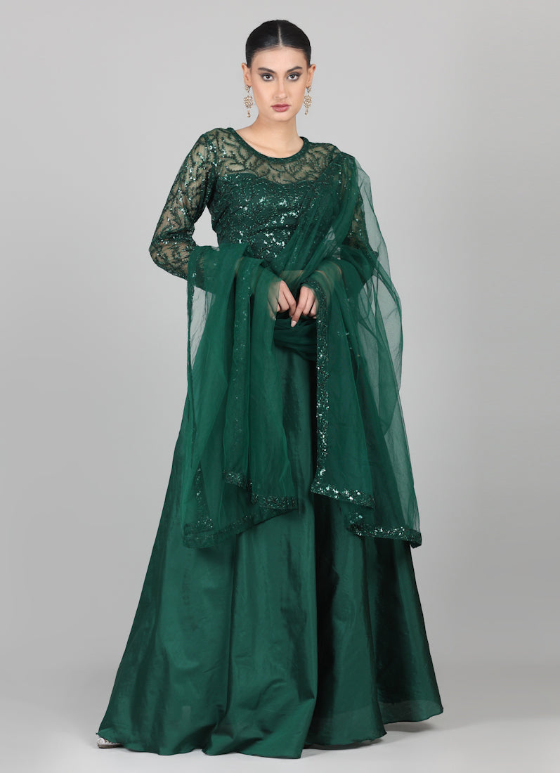 Dark Green Net Sequins Embroidered Lehenga Set
