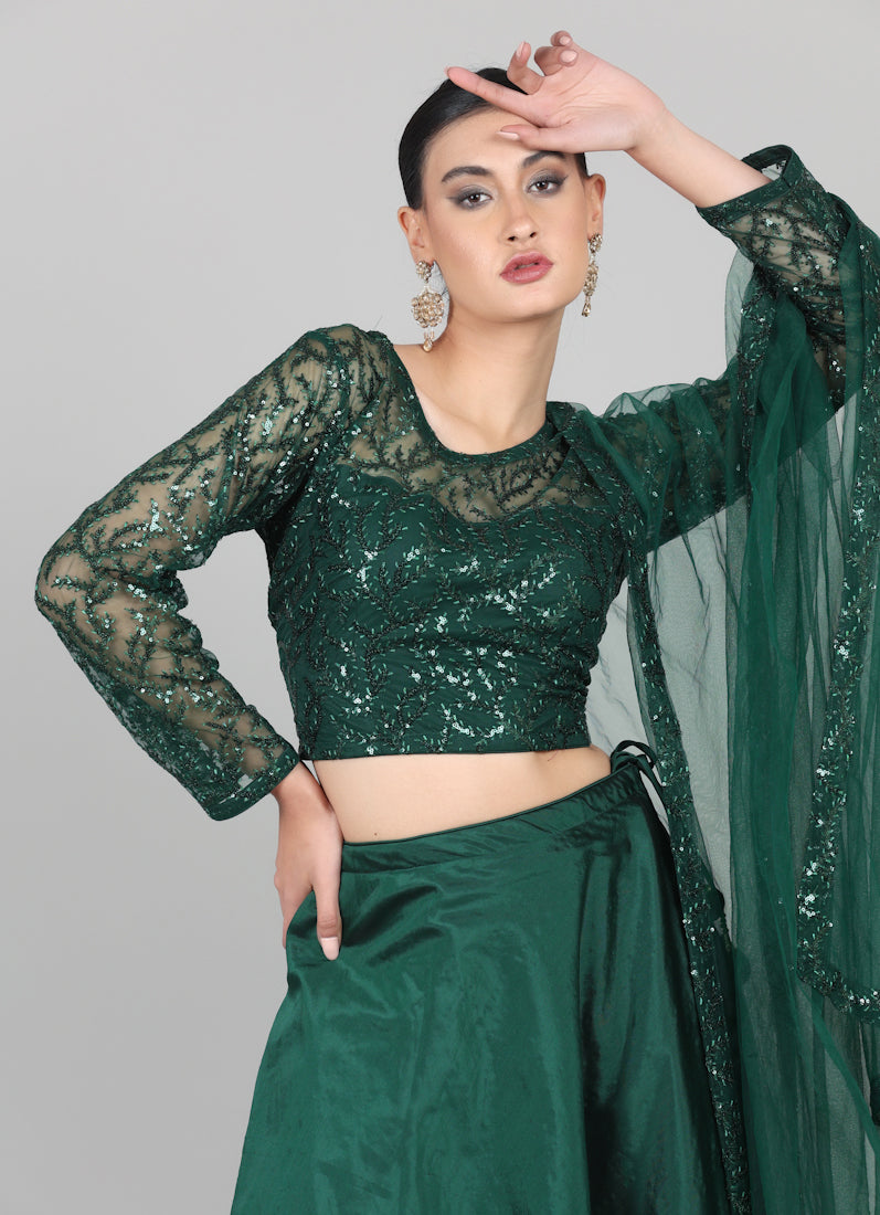 Dark Green Net Sequins Embroidered Lehenga Set