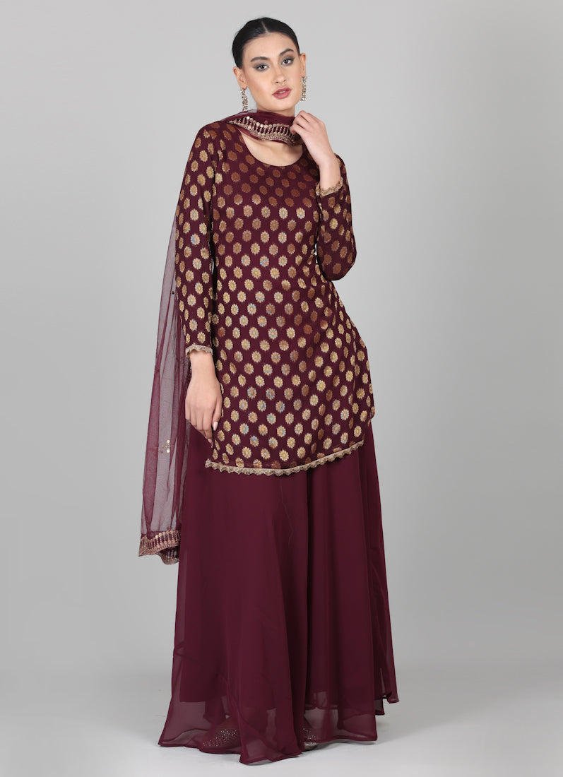 Wine georgette Jacquard Lehenga Set