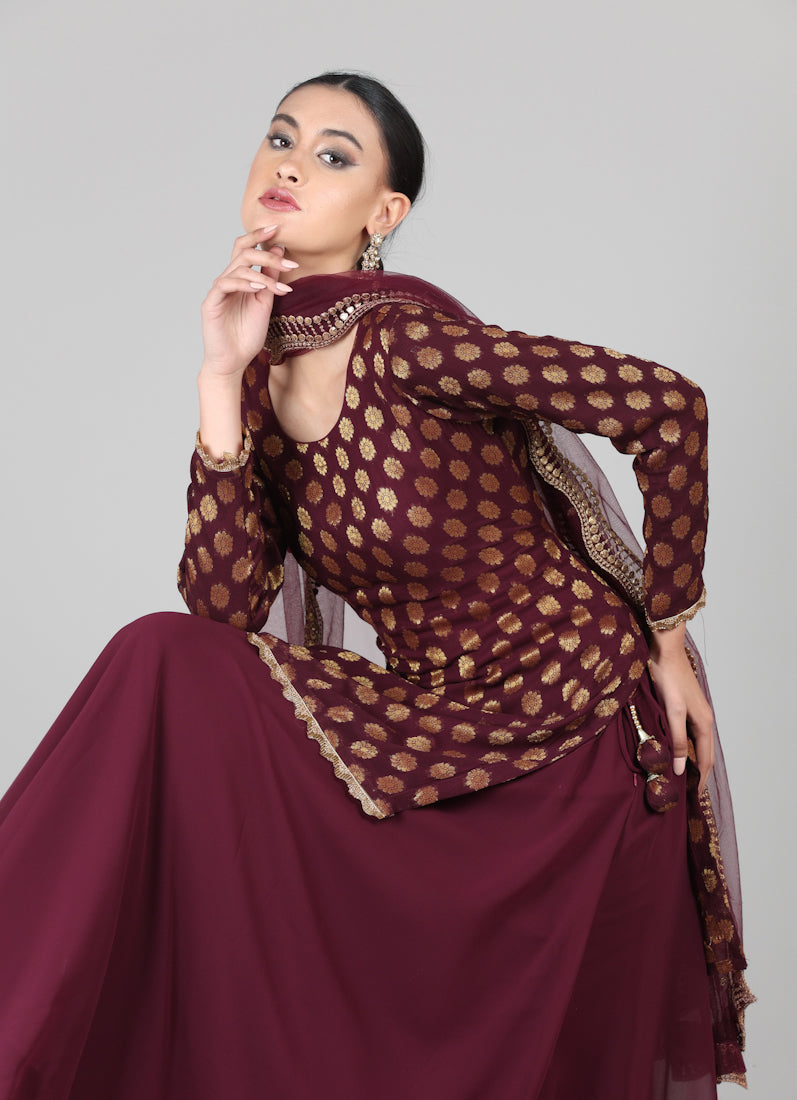 Wine georgette Jacquard Lehenga Set