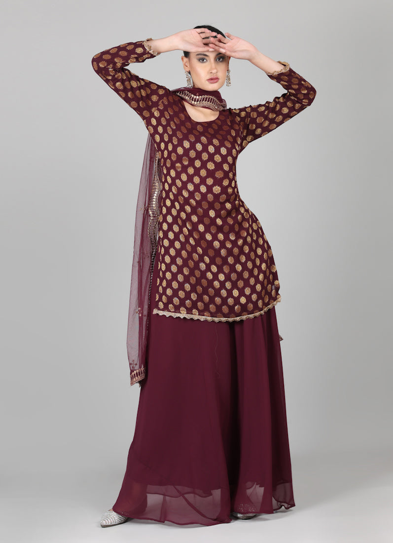 Wine georgette Jacquard Lehenga Set