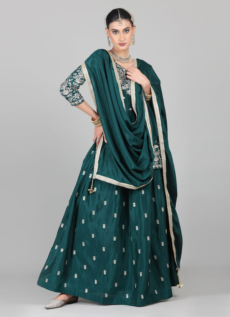 Dark Green Chinon Embroidered Lehenga Set