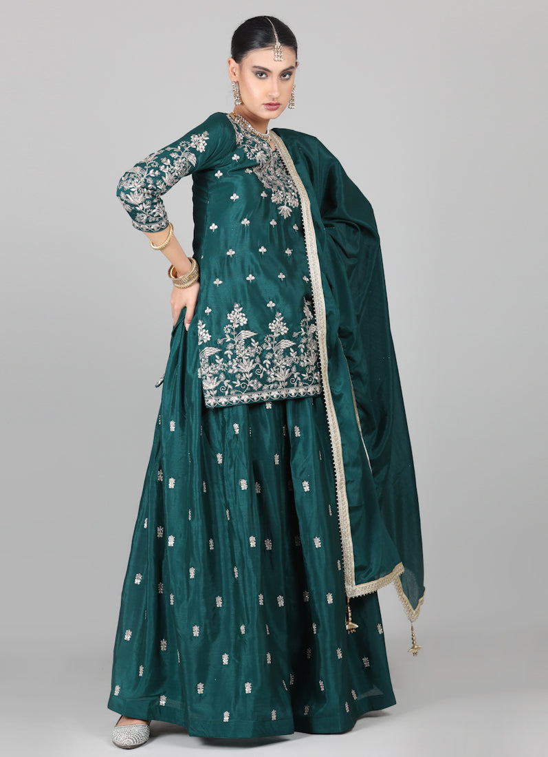 Dark Green Chinon Embroidered Lehenga Set