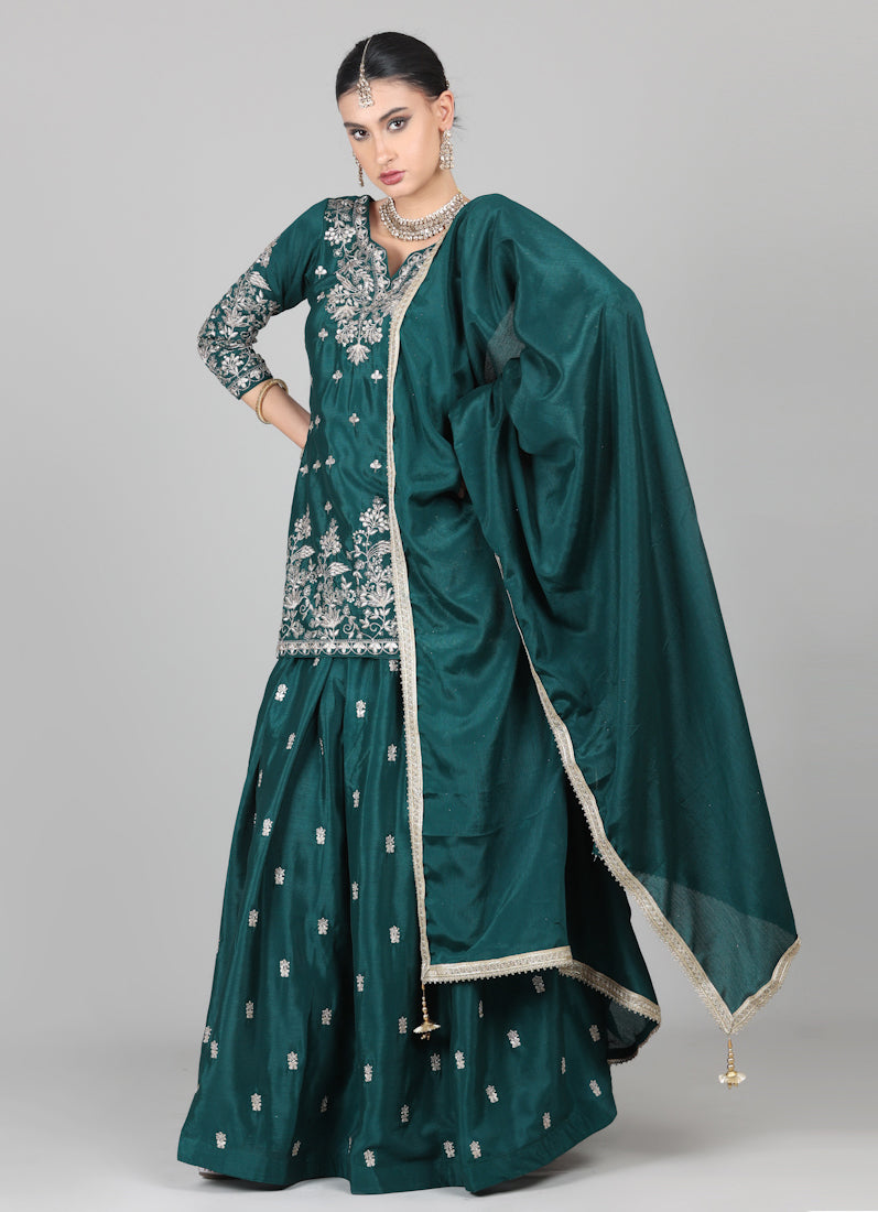 Dark Green Chinon Embroidered Lehenga Set