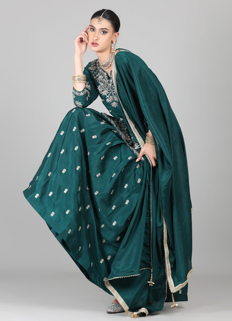 Dark Green Chinon Embroidered Lehenga Set