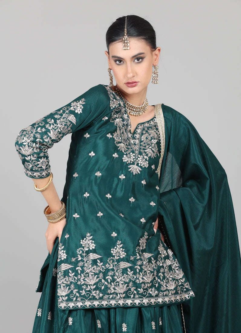Dark Green Chinon Embroidered Lehenga Set