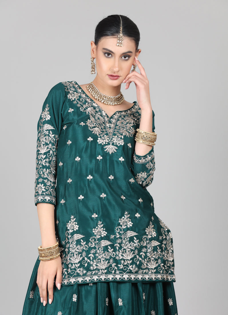Dark Green Chinon Embroidered Lehenga Set