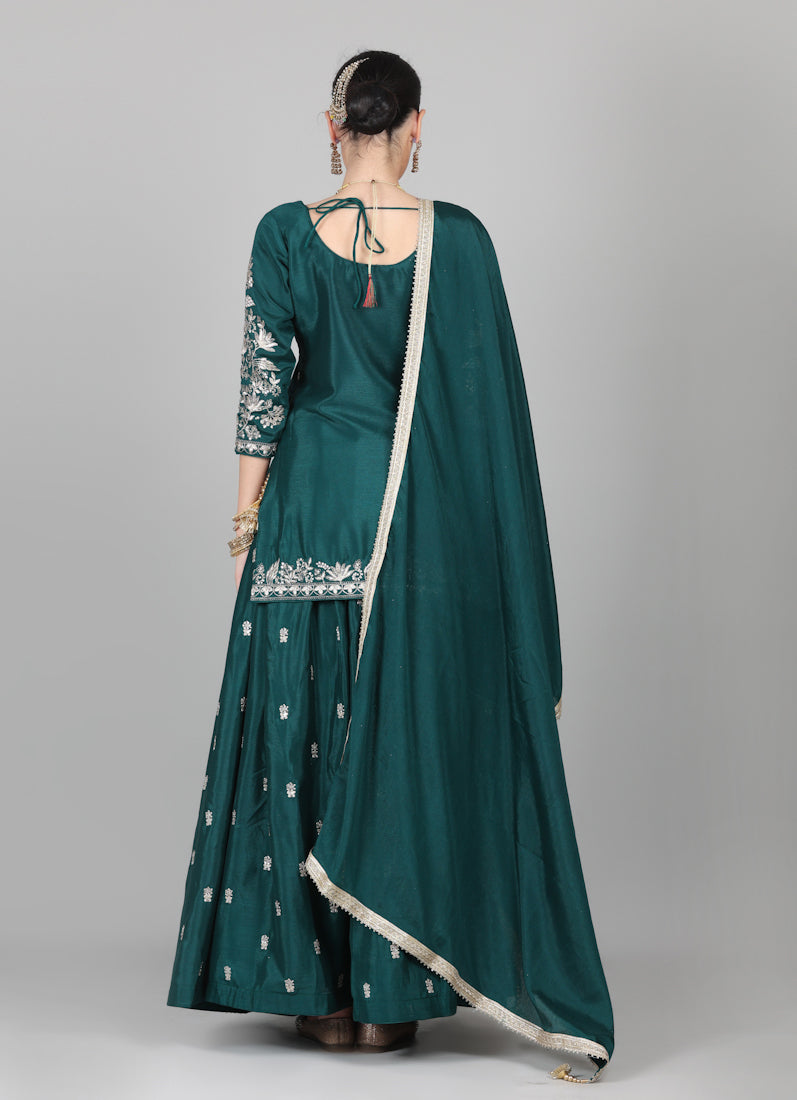 Dark Green Chinon Embroidered Lehenga Set
