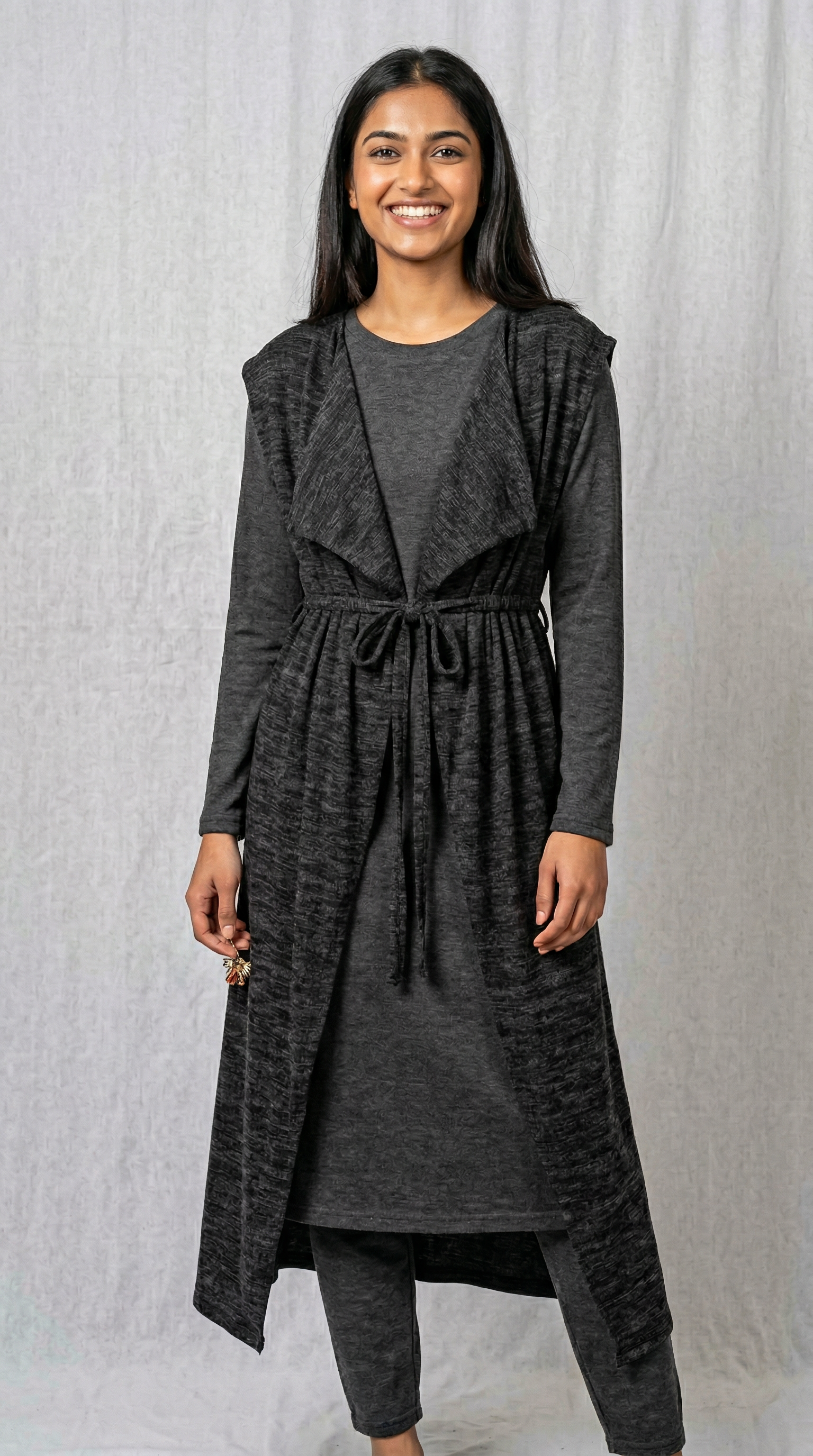 Dark Grey Waterfall Sleeveless Cardigan with Belt