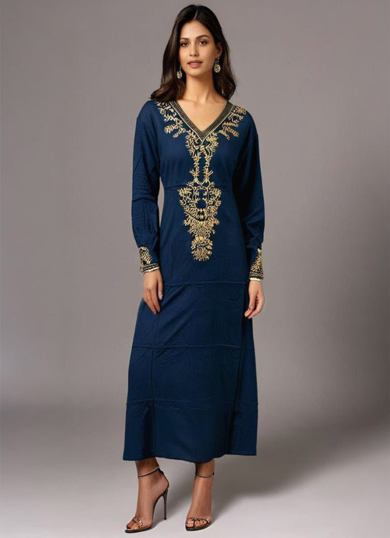 Blue Straight Maxi Dress Embroidered Neckline