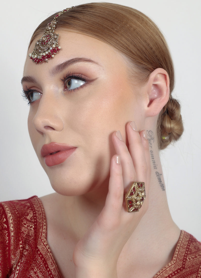 Maroon Adjustable Beaded Ring For Women